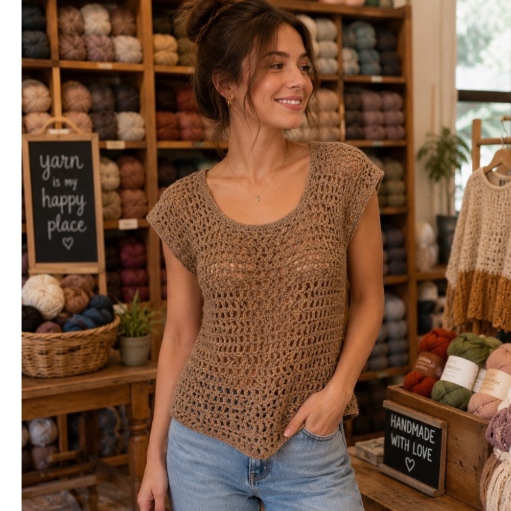 Handmade Crochet Knit Sleeveless sweater boho Chic Tan hippie Cottagecore